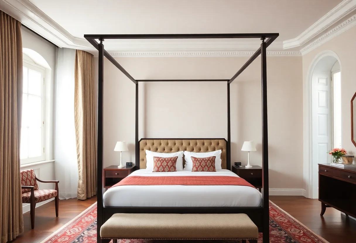 A minimalist boutique hotel room interior with a four-poster bed and subtle Ottoman-style textile patterns