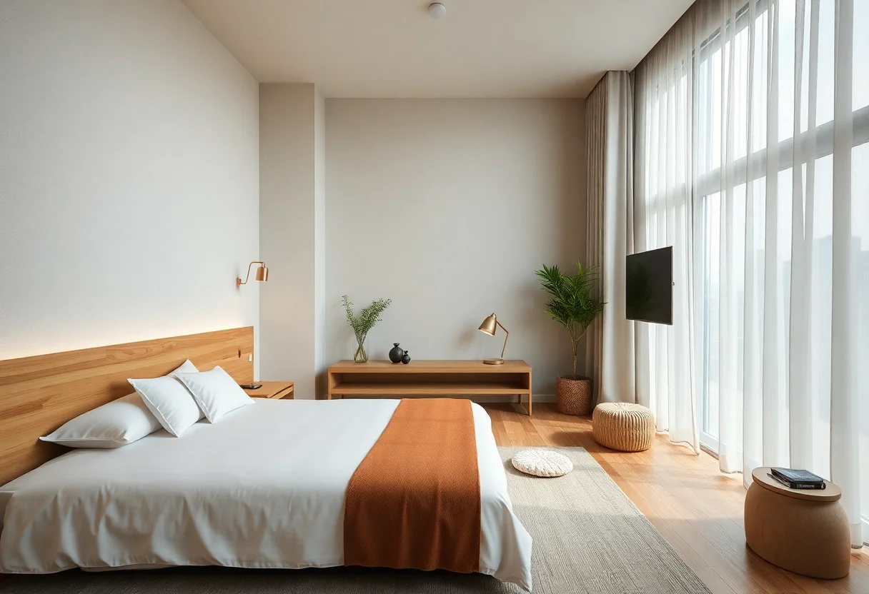 A minimalist hotel room with natural materials and a serene atmosphere.