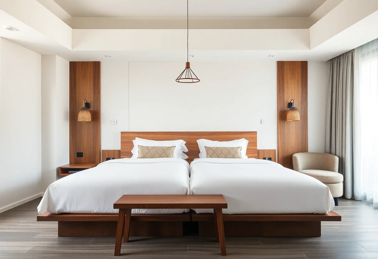 A modern hotel room with custom-designed wooden headboard and minimalist pendant lights, reflecting Ottoman-inspired minimalism.