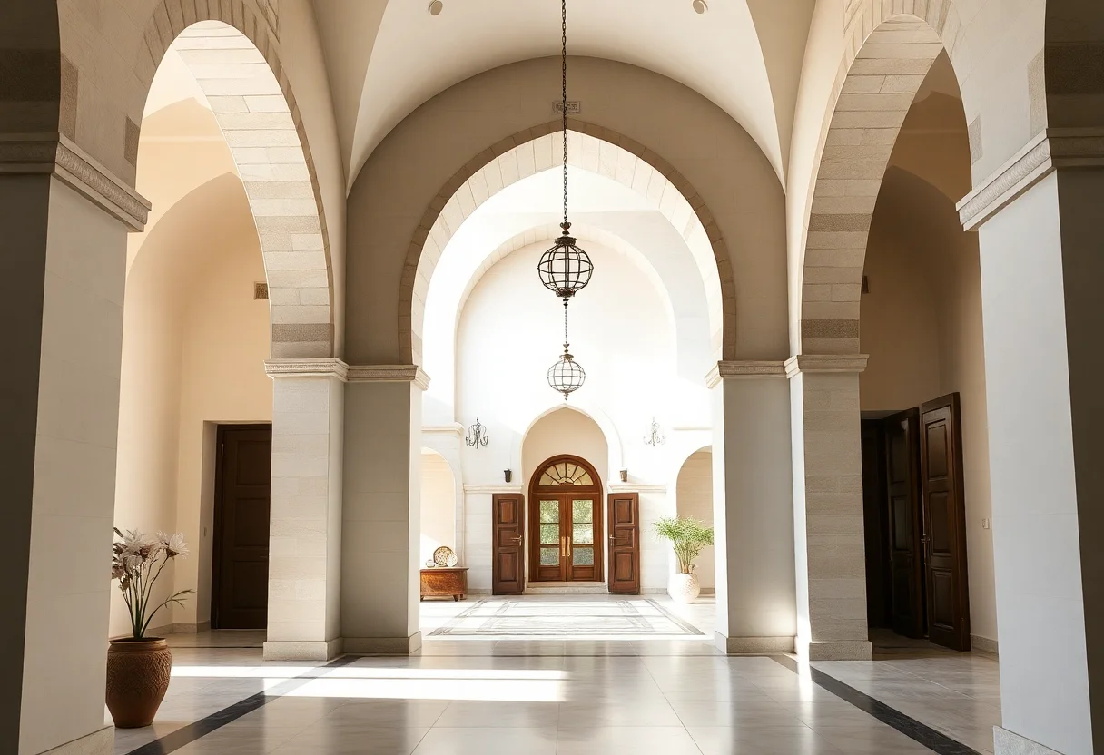 A modern interior with arched doorways, reflecting Ottoman architectural influence.