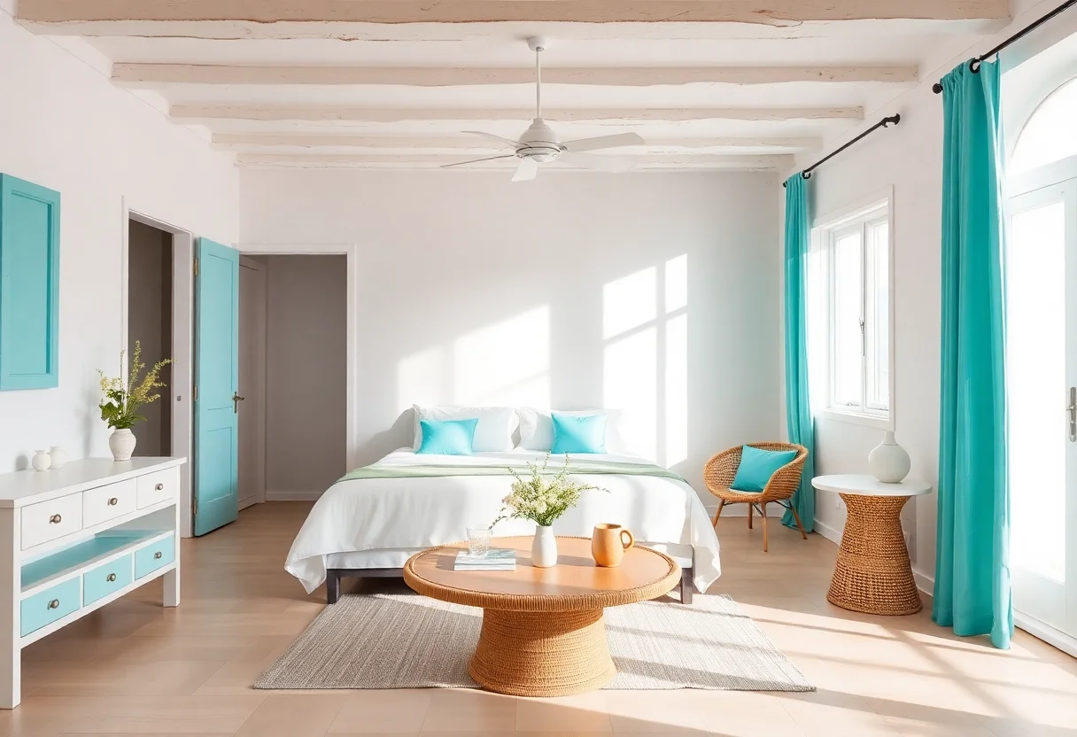 Bright and airy boutique hotel room with Aegean-inspired white and turquoise decor.