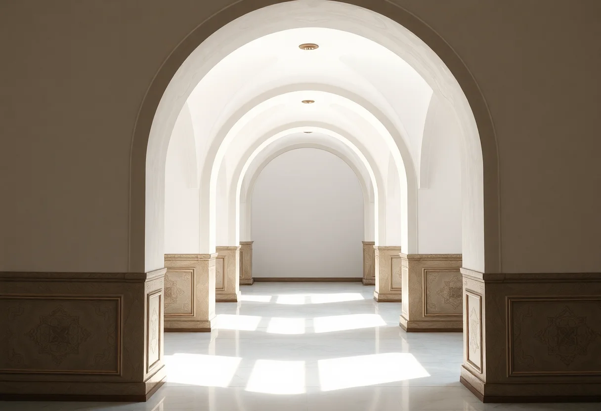 Elegant minimalist interior design detail with archways and soft lighting.