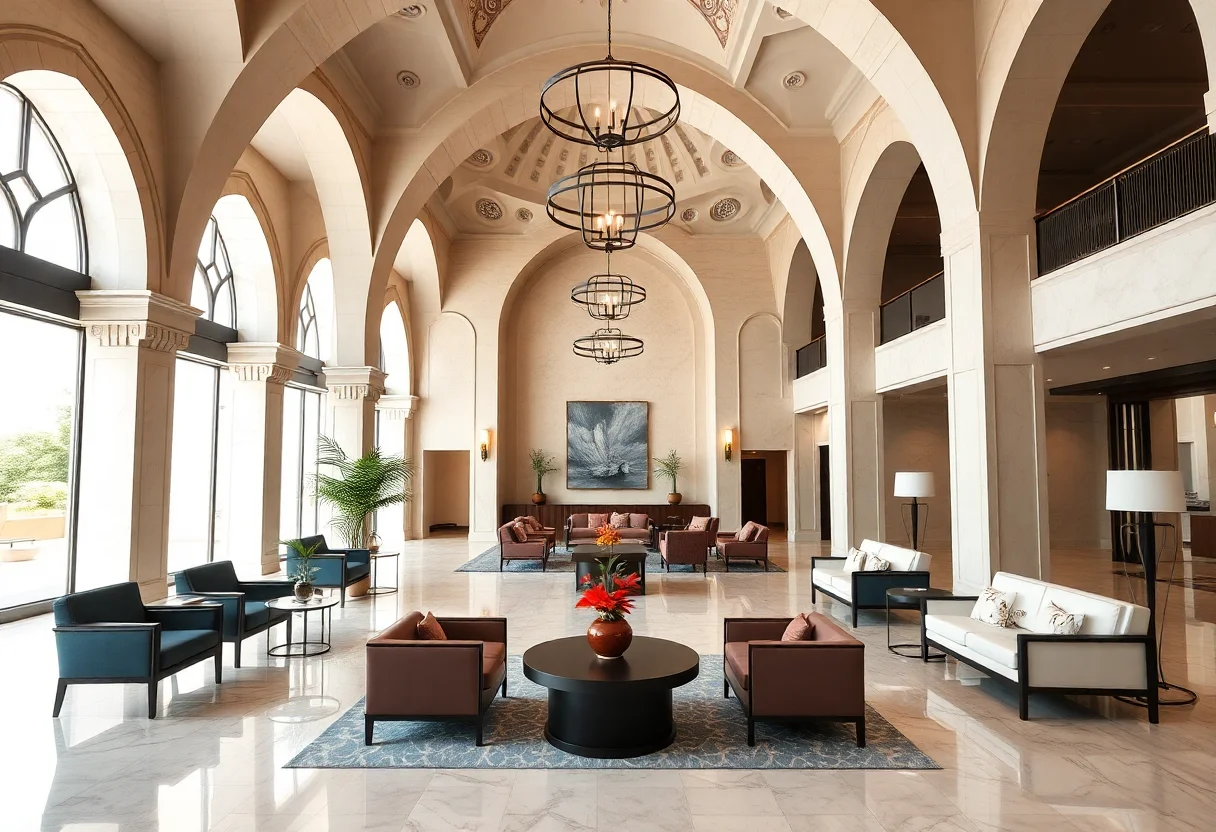 Luxurious and modern hotel lobby with Ottoman-inspired arches and minimalist furniture