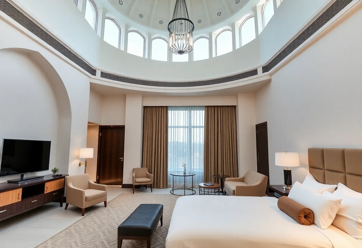 Luxurious and modern hotel room interior with high ceilings and minimalist Ottoman details.