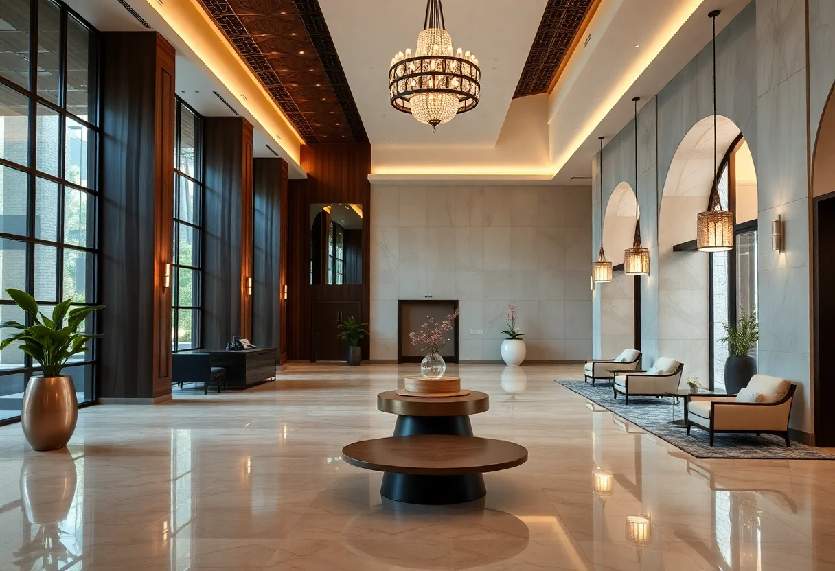 Modern minimalist hotel lobby with elegant Ottoman-inspired details and warm lighting.