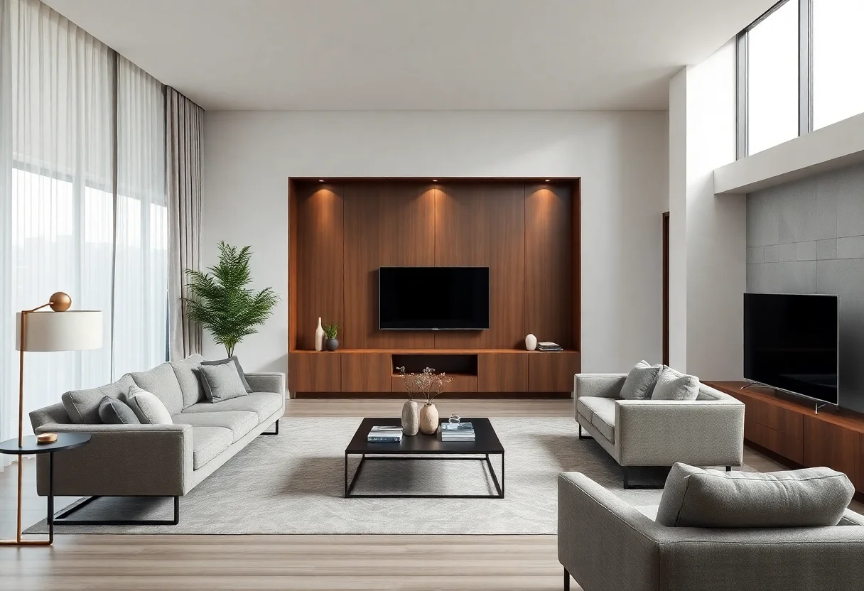 Modern minimalist living room with elegant furniture and lighting, showcasing interior design intellectual property.