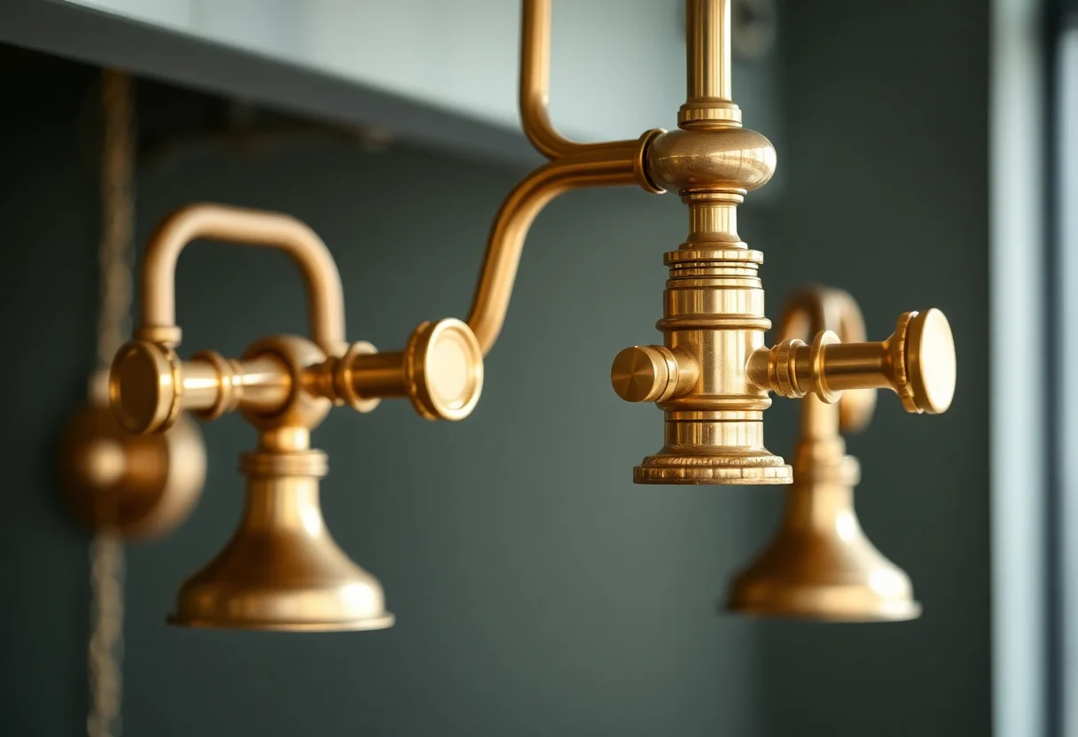 Polished brass details on fixtures.