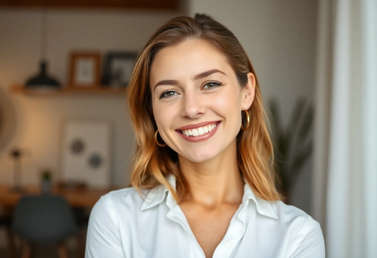 Portrait of a female interior designer smiling warmly.