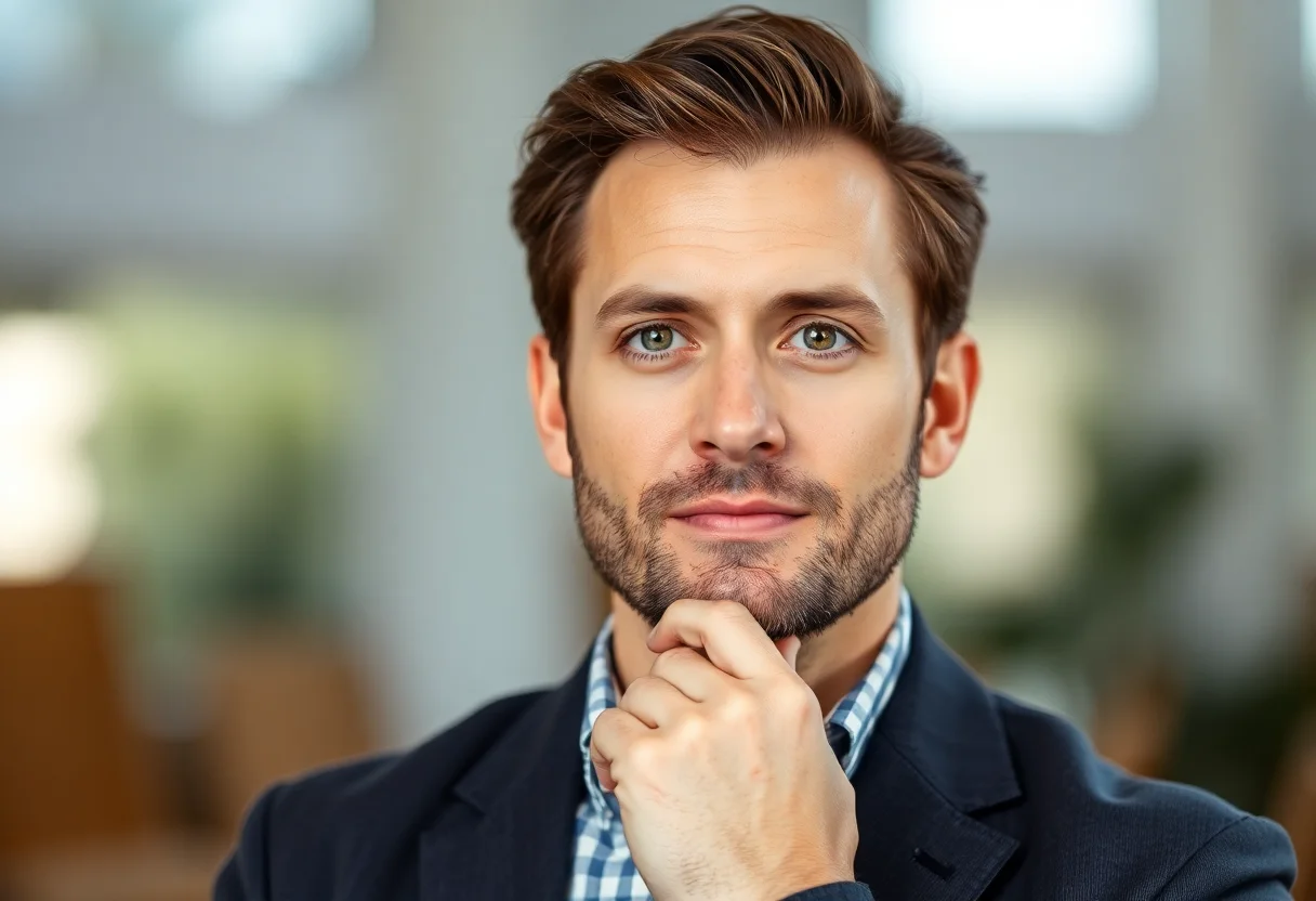Portrait of a male lead architect with a thoughtful expression.