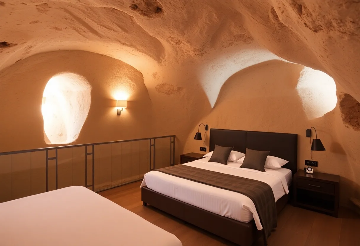 Serene cave hotel room interior in Cappadocia with natural stone walls and warm lighting.